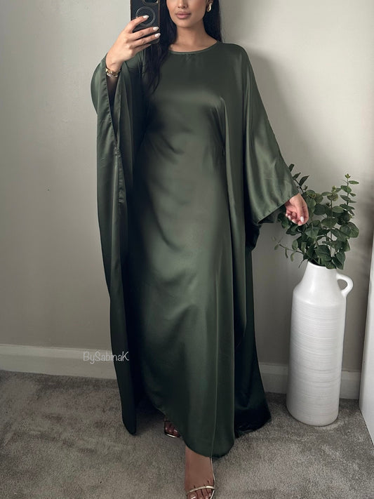 Khaki Green Plain Satin Butterfly Kaftan