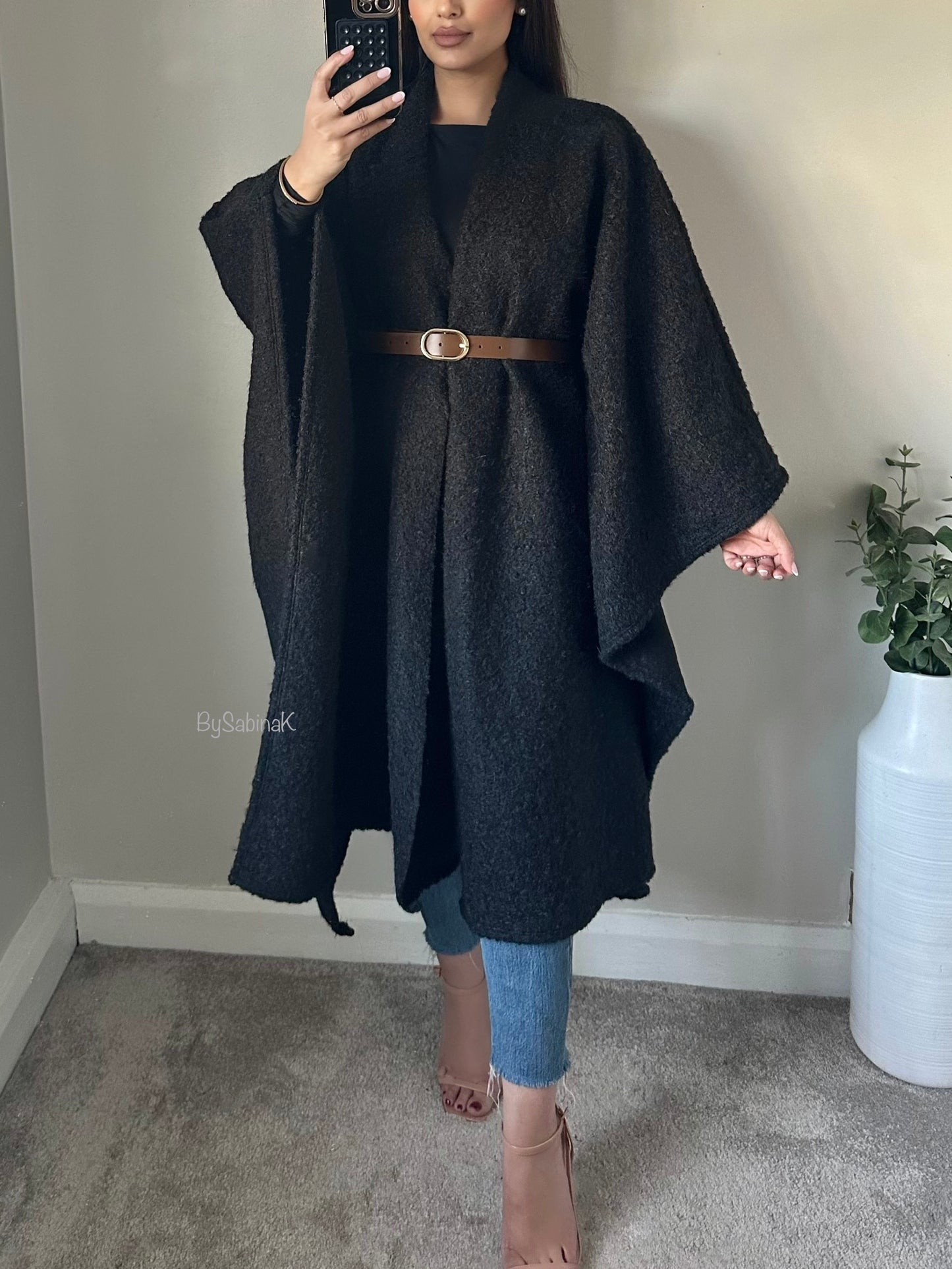 Black Boucle Belted Cape