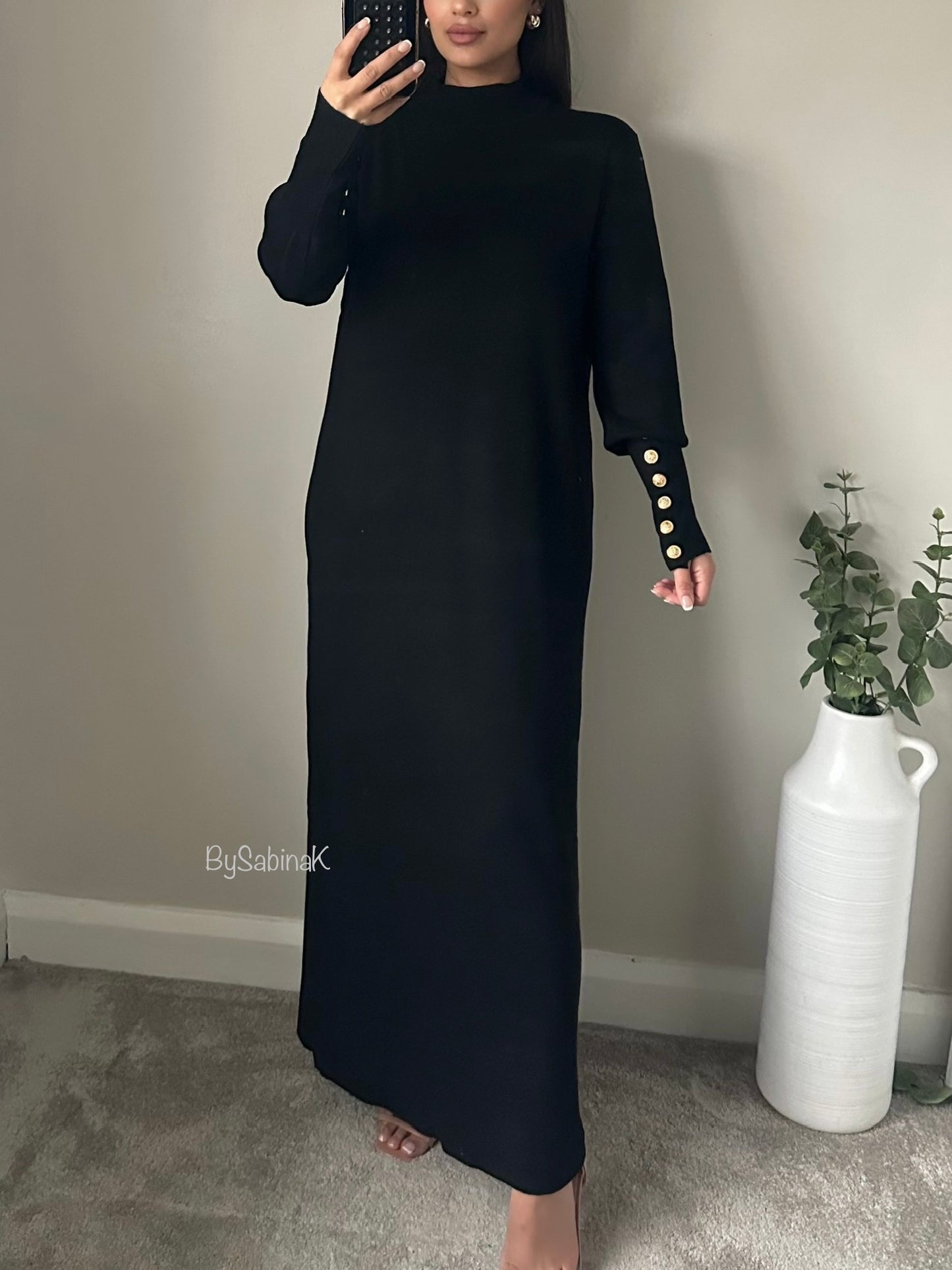 Black Thick Jumper Gold Button Sleeve Maxi Dress