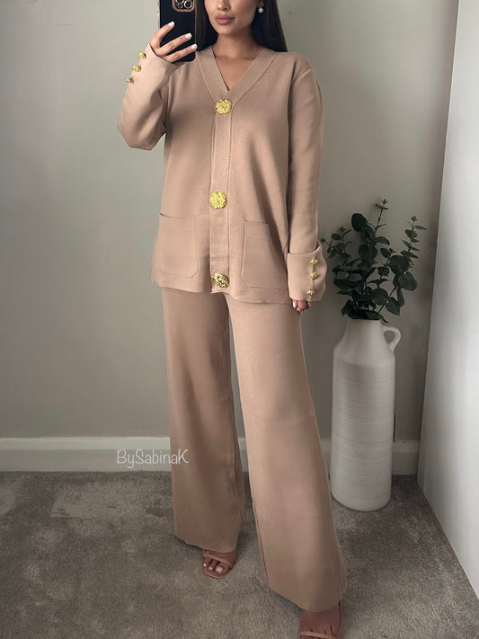 Beige Gold Button Cardigan Co-ord