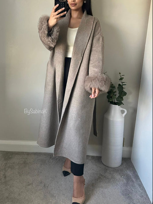 Taupe 100% Wool Fur Long Coat