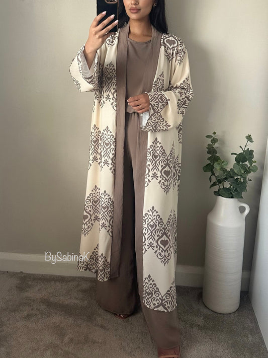 Taupe Ivory 3PC Pattern Kimono Set