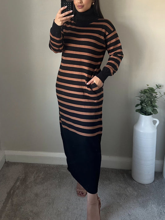 Brown Black Striped Maxi Jumper Dress