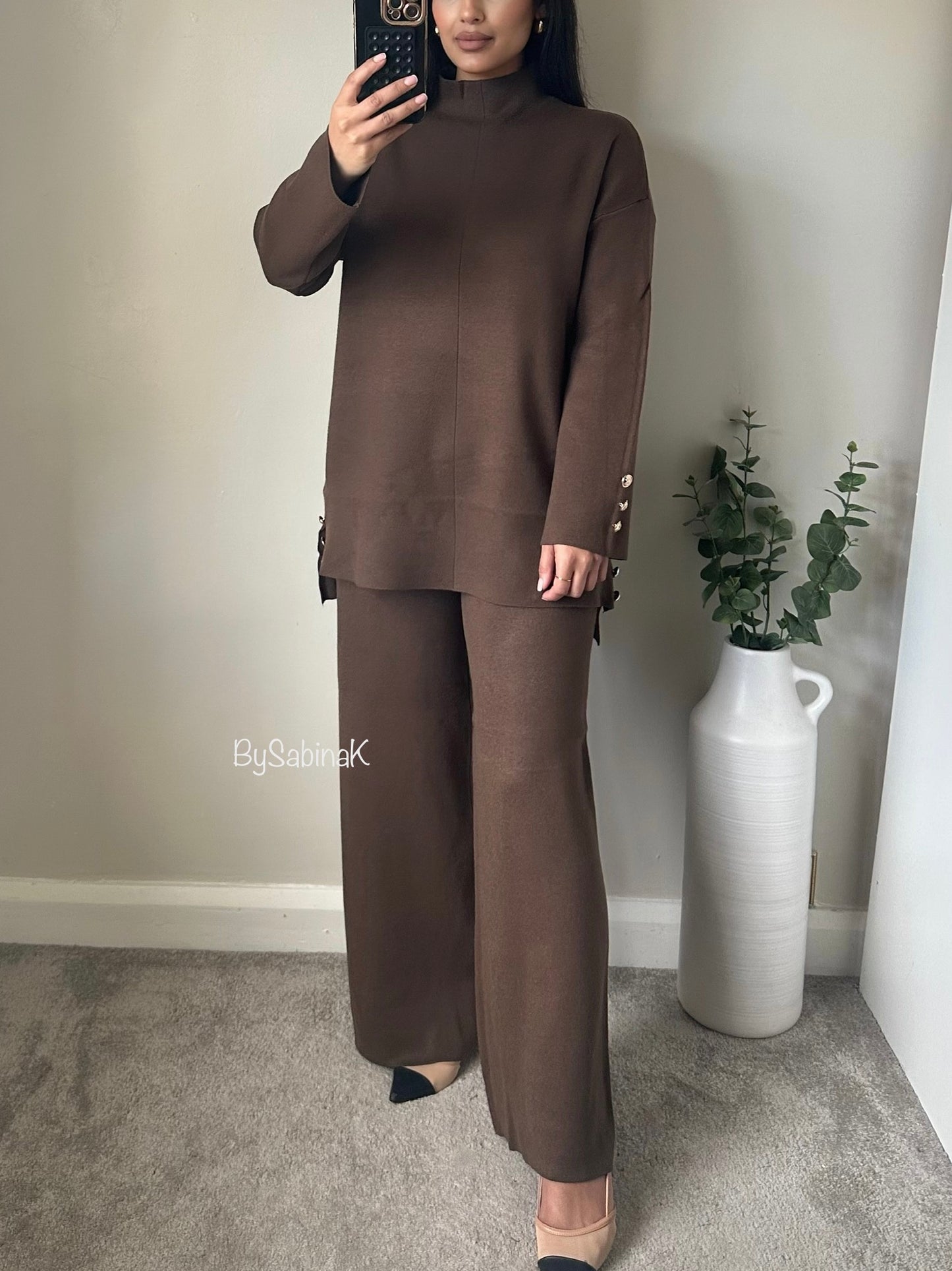 Brown Knit High Neck Gold Button Co-ord