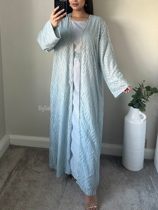 Baby Blue Chiffon Belted Printed Abaya Set