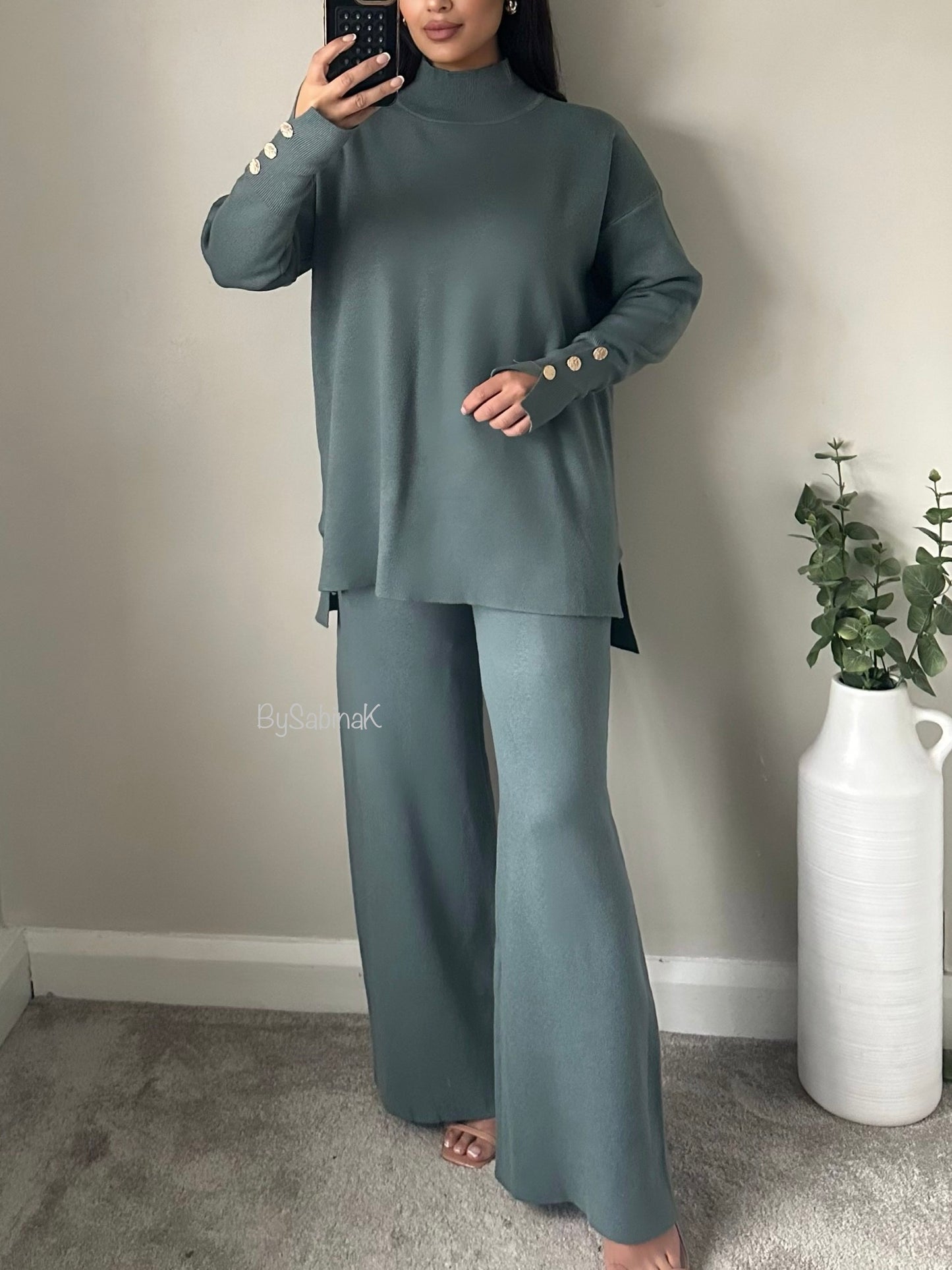 Grey Blue Longline Gold Sleeve Button Co-ord