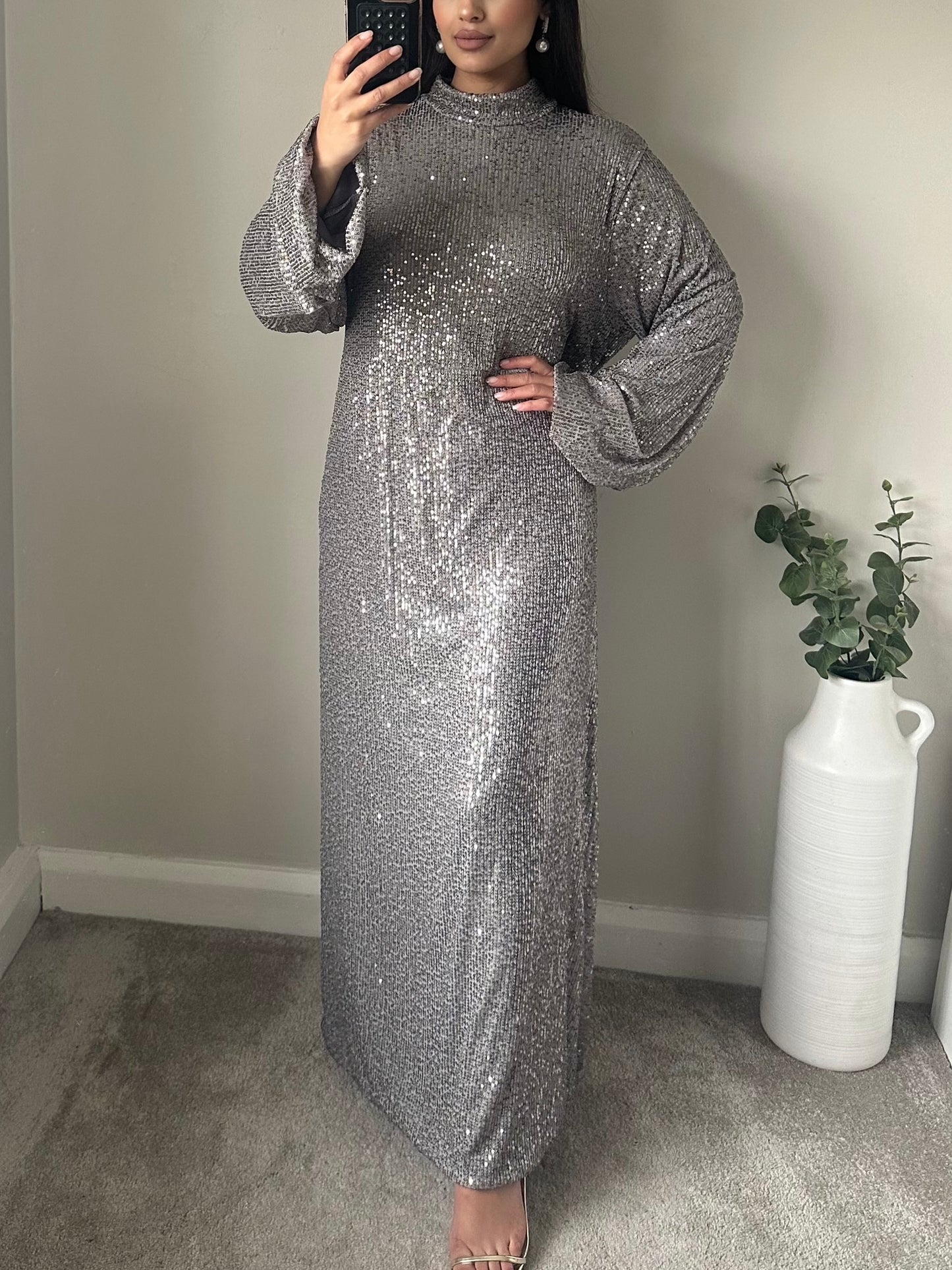 Grey Sequin Tie Belt Batwing Dress