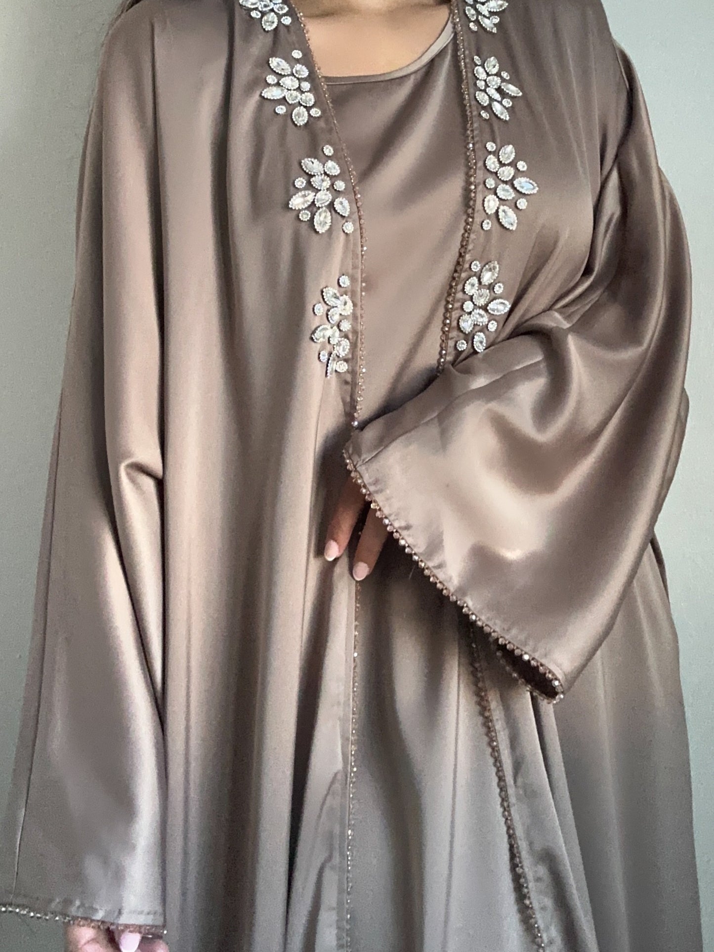 Mocha Satin Rhinestone Beaded Abaya Set