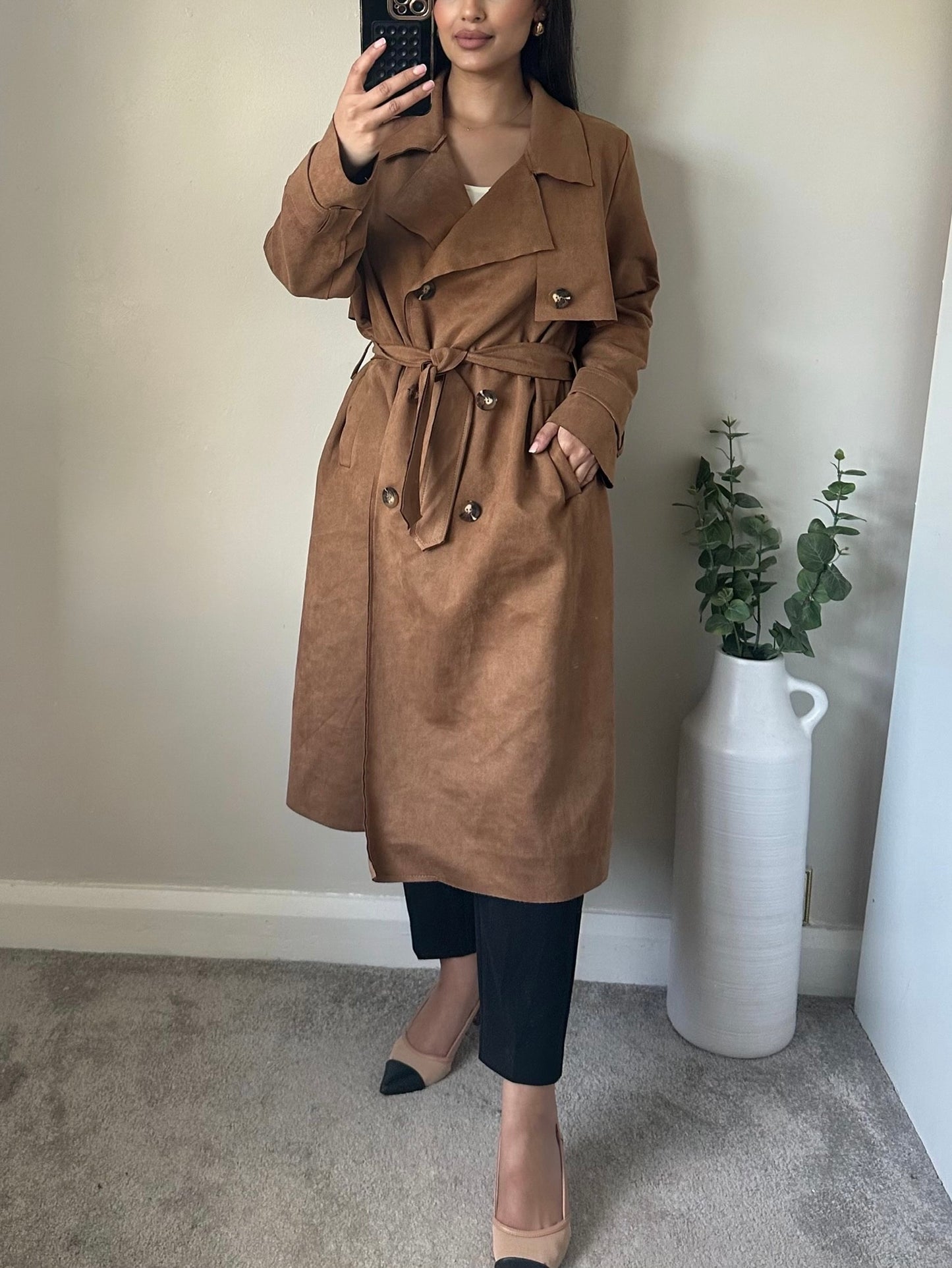 Camel Brown Suede Trench Jacket