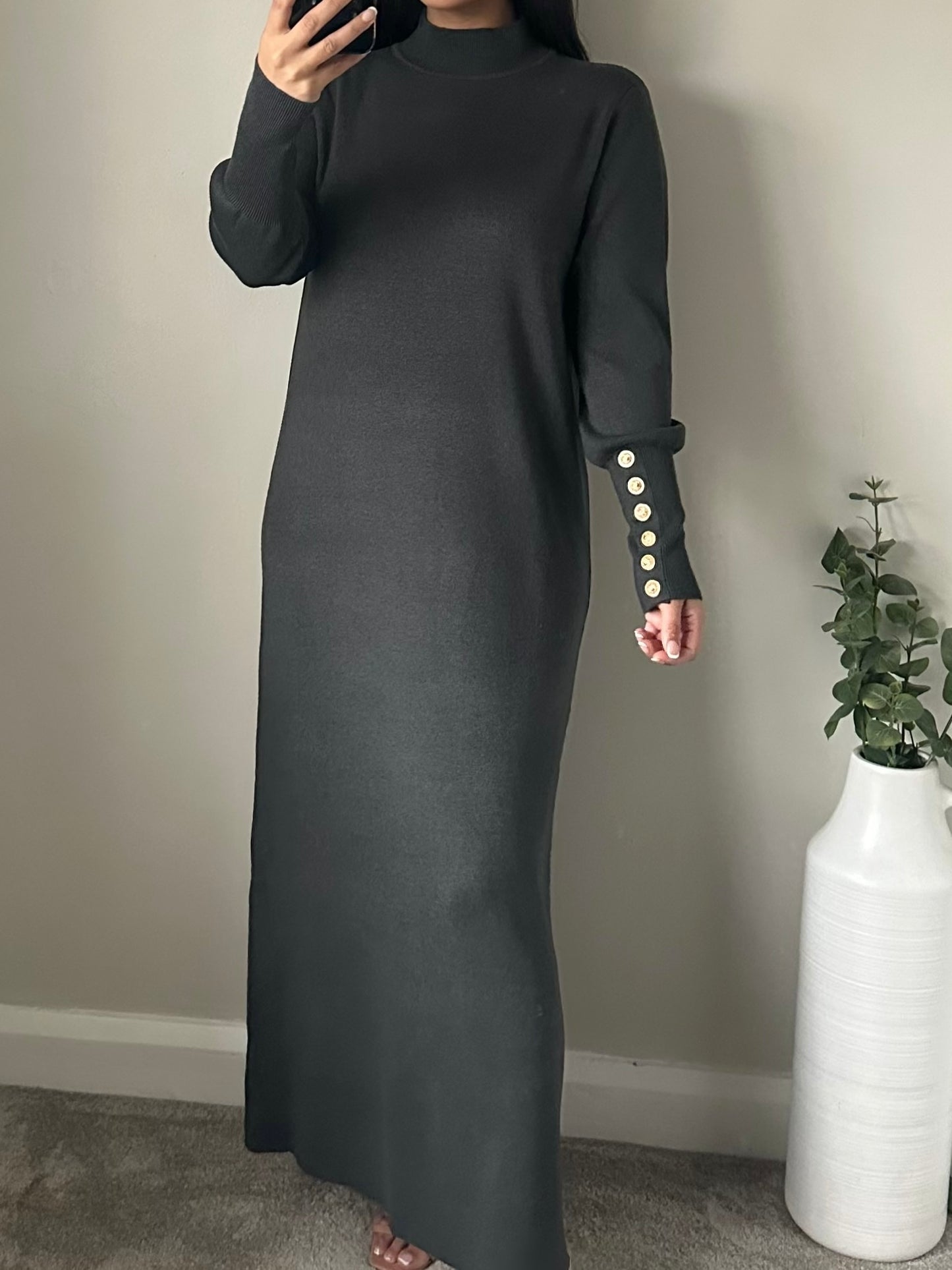 Dark Grey Thick Jumper Gold Button Sleeve Maxi Dress