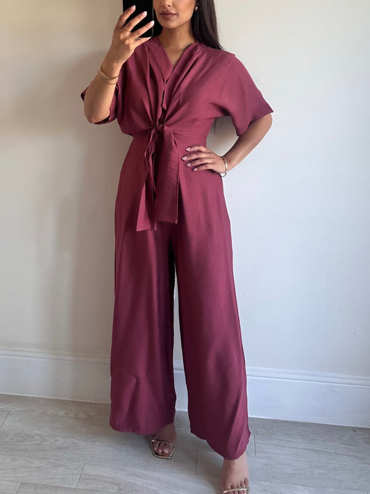 Pink Linen Look Wrap Jumpsuit