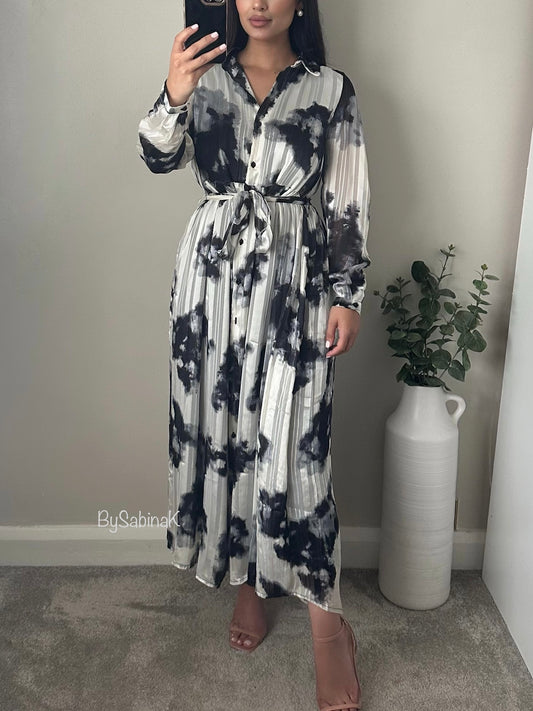 White Black Tye Dye Chiffon Button Shirt Dress