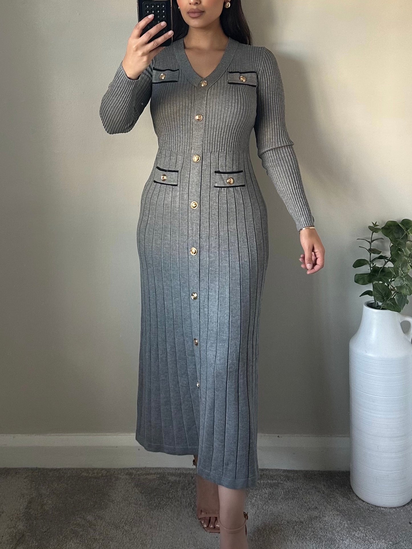 Grey & Black Gold Button Knit Dress