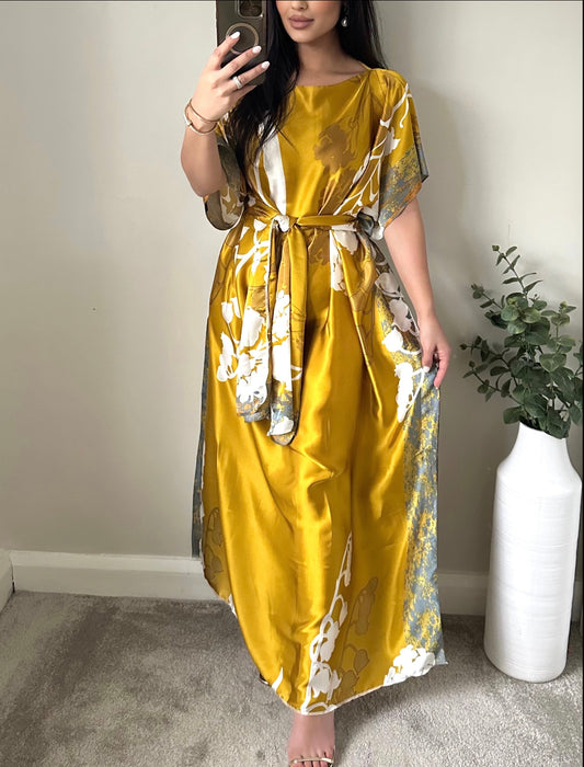 Yellow Satin Printed Kaftan