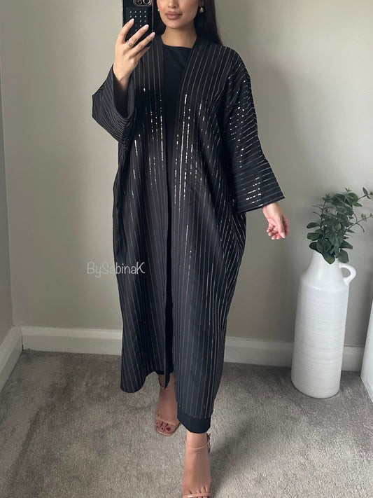 Black Sequin Striped Jacket Kimono Abaya