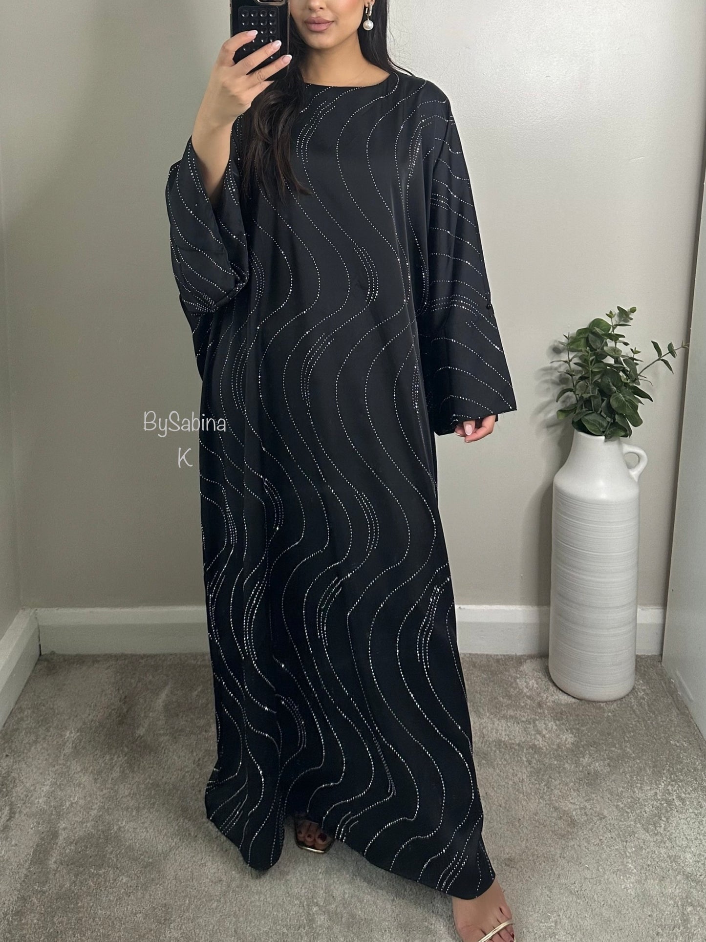 Black Swirl Sequin Details Kaftan Abaya