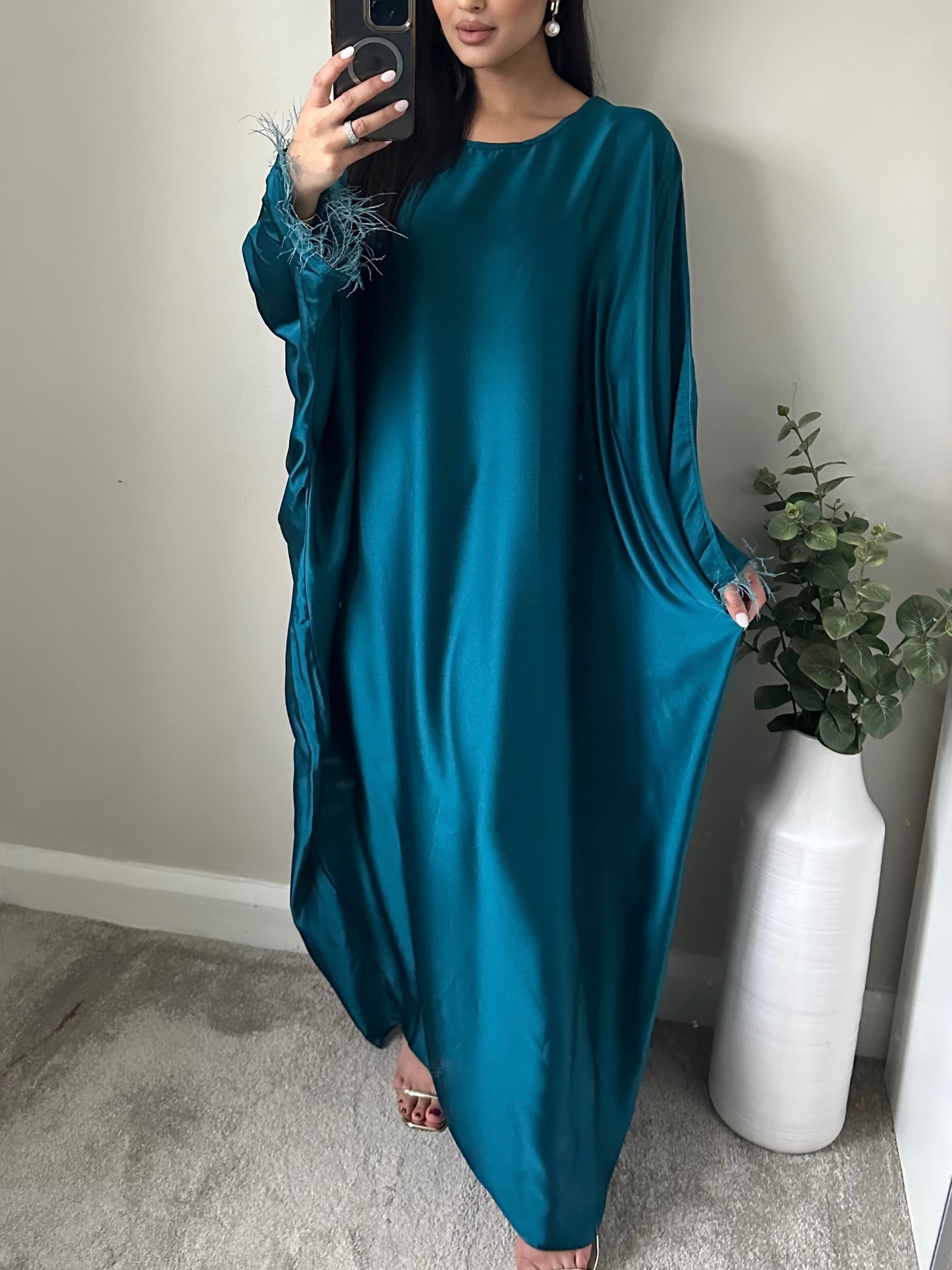 Teal Feather Trimmed Abaya FA