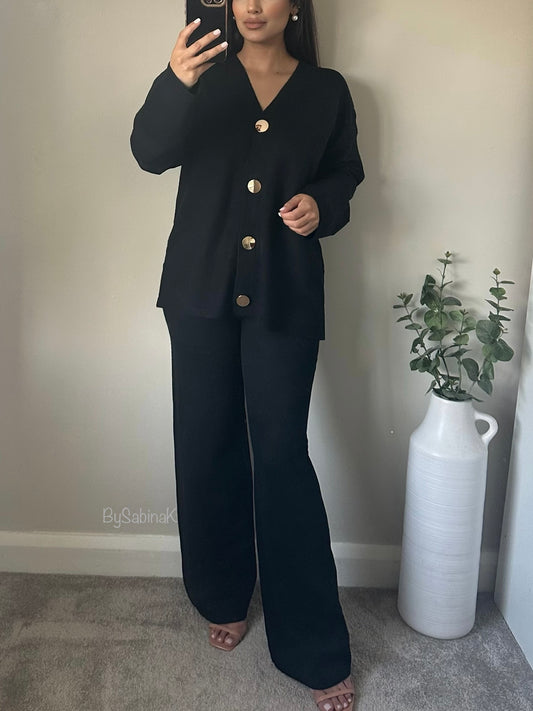 Black Gold Button Plain Cardigan Co-ord Set