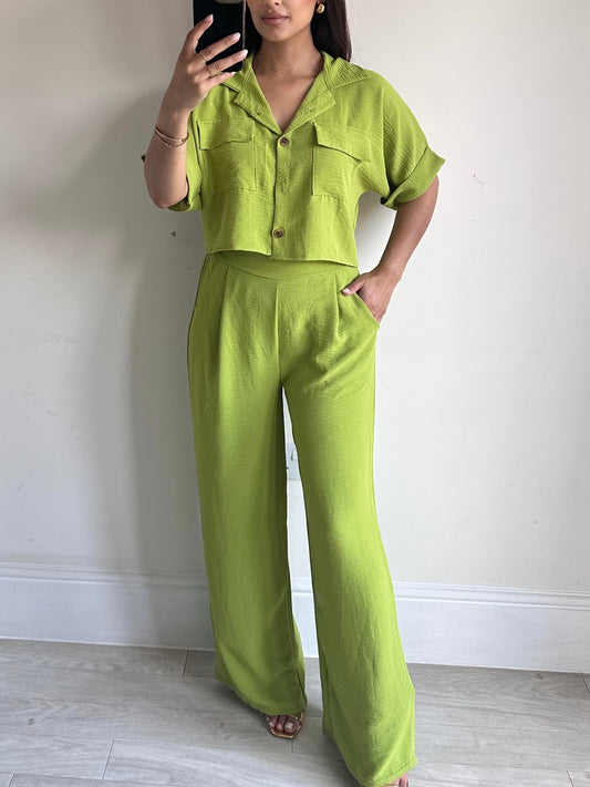 Lime Green Cropped Shirt Co-ord Sets