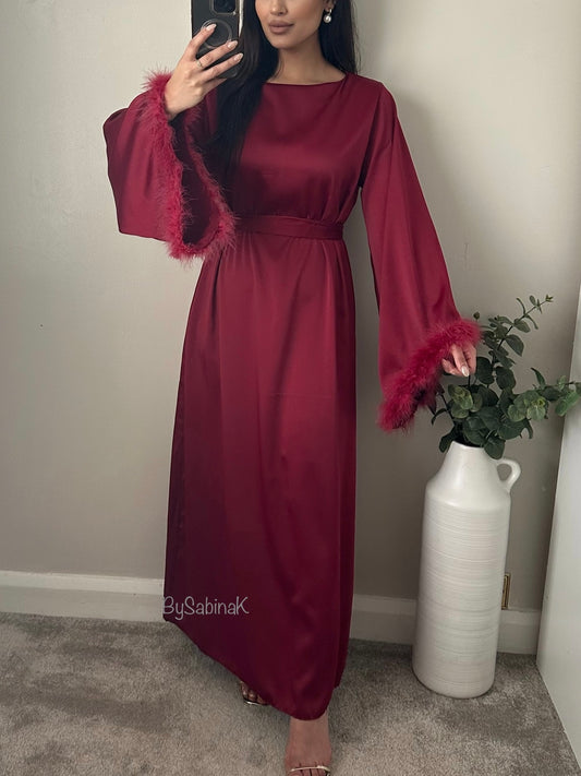 Burgundy Feather Belted Dress 524