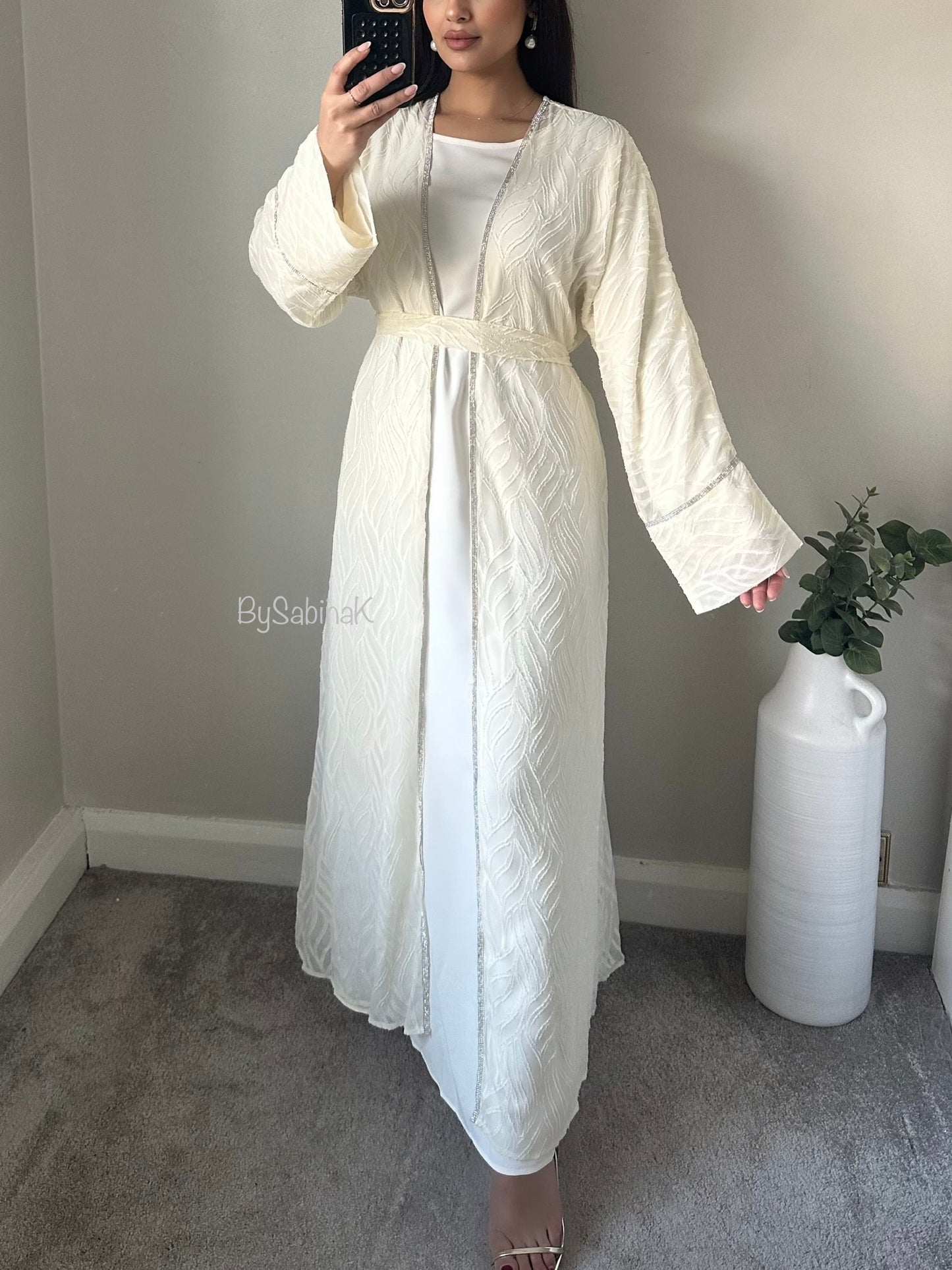 Ivory Chiffon Belted Printed Abaya Set