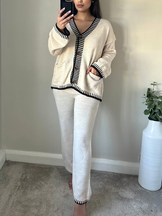 Ivory Trim Stitch Knit Cardigan Co-ord