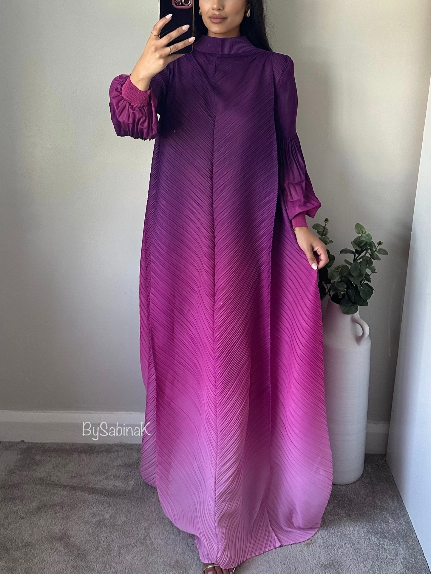 Pink Purple Ombré Pleated Dress