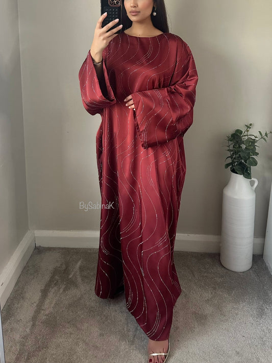 Wine Red Swirl Sequin Details Kaftan Abaya