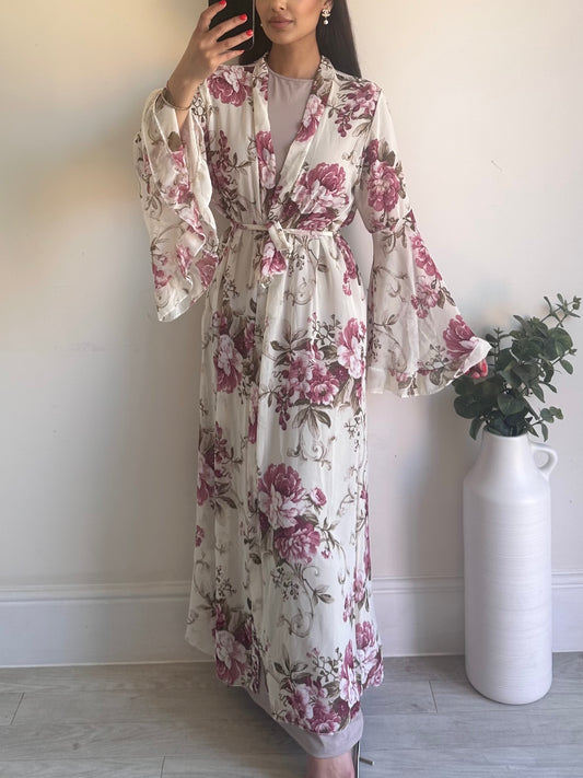White Floral Chiffon Kimono