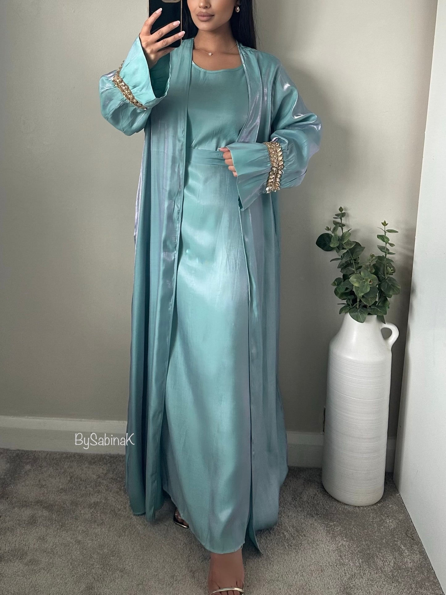 Blue Shimmer Cuff Detail Abaya Set 202