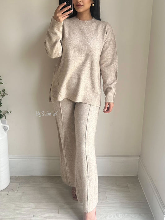 Beige Round Neck Knit Co-ord