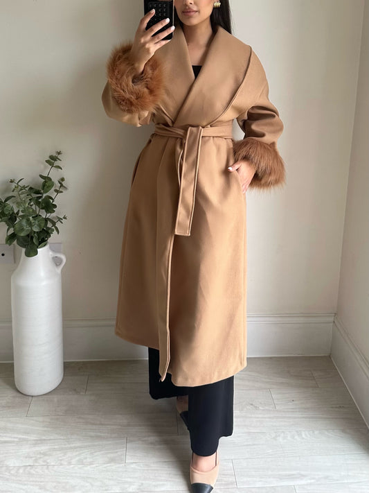 Camel Brown Faux Fur Sleeve Long Wrap Coat