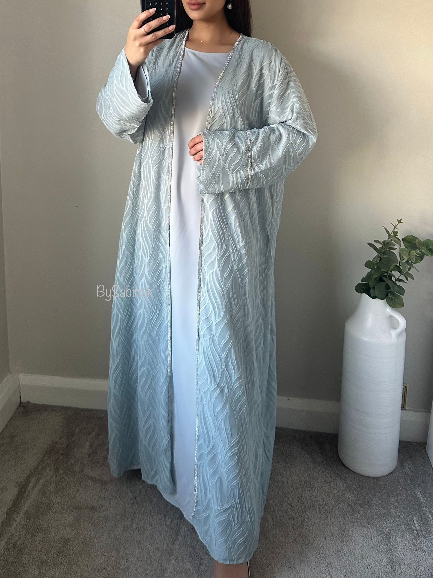 Baby Blue Chiffon Belted Printed Abaya Set