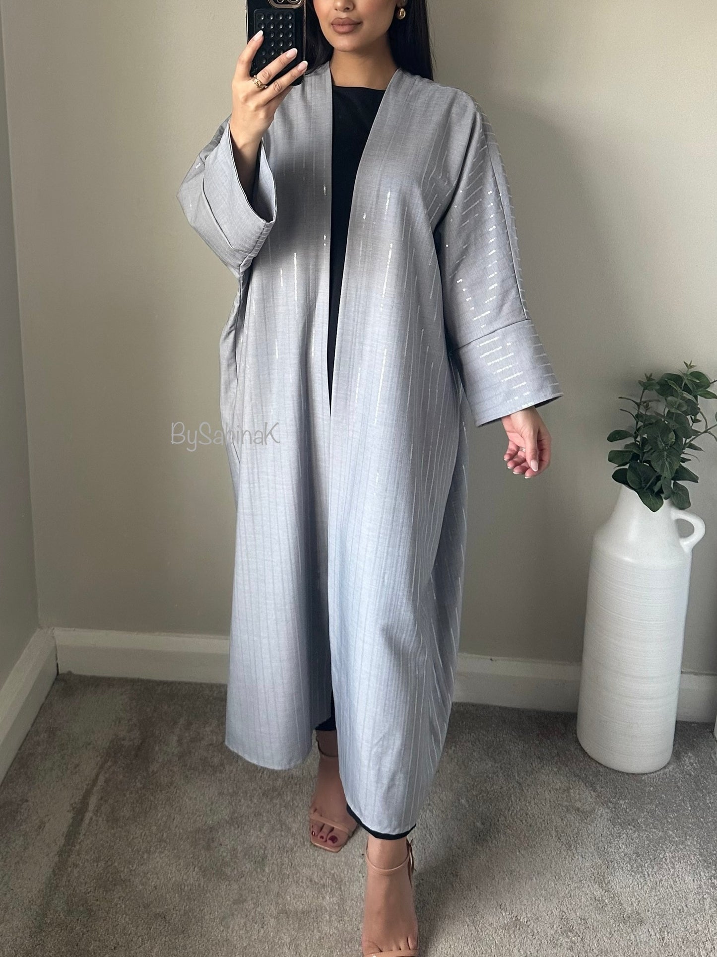 Grey Sequin Striped Jacket Kimono Abaya