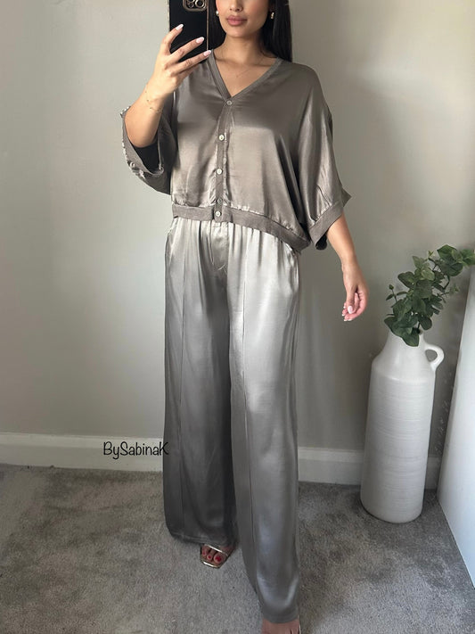 Taupe Satin Cropped Co-ord