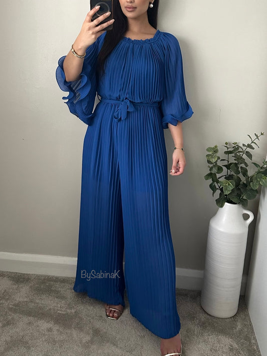 Blue Pleated Chiffon Jumpsuit