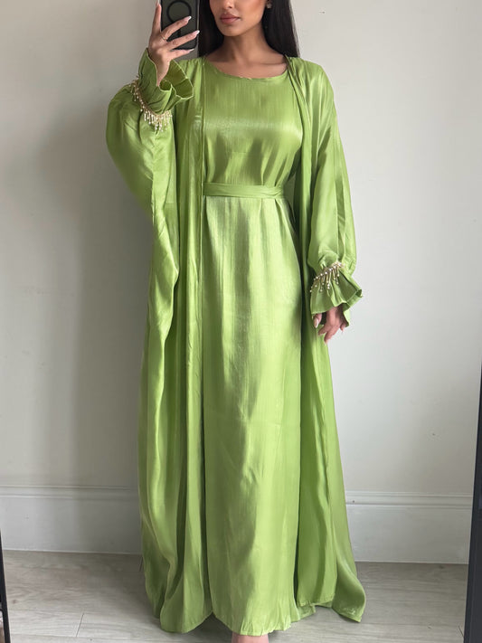 Lime Green Tassel Cuff Detail Abaya Set 181