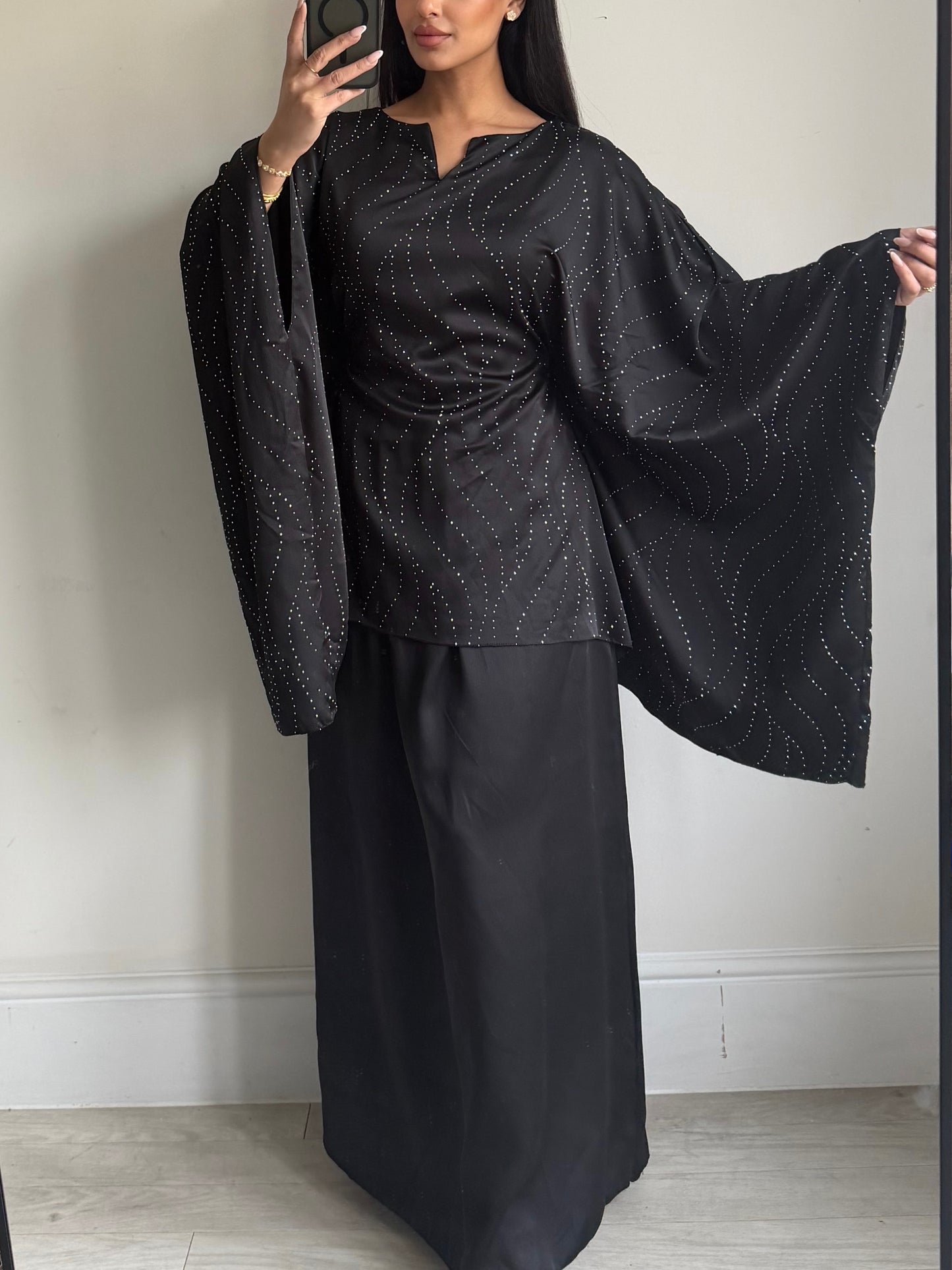 Black Satin Rhinestone Skirt Co-ord