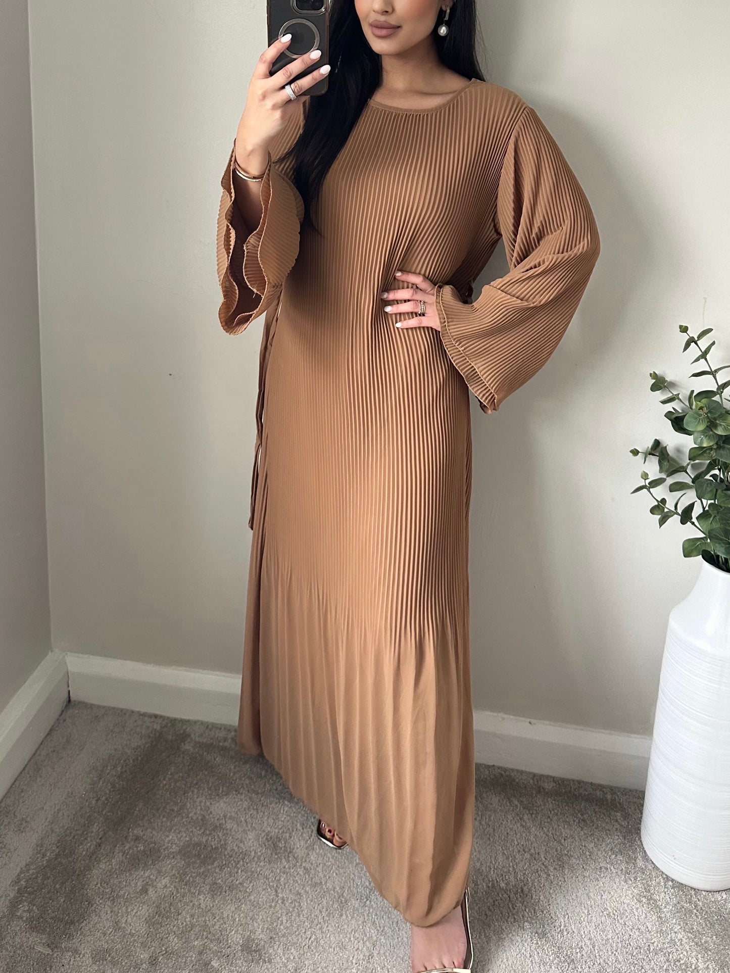 Brown Chiffon Pleated Dress