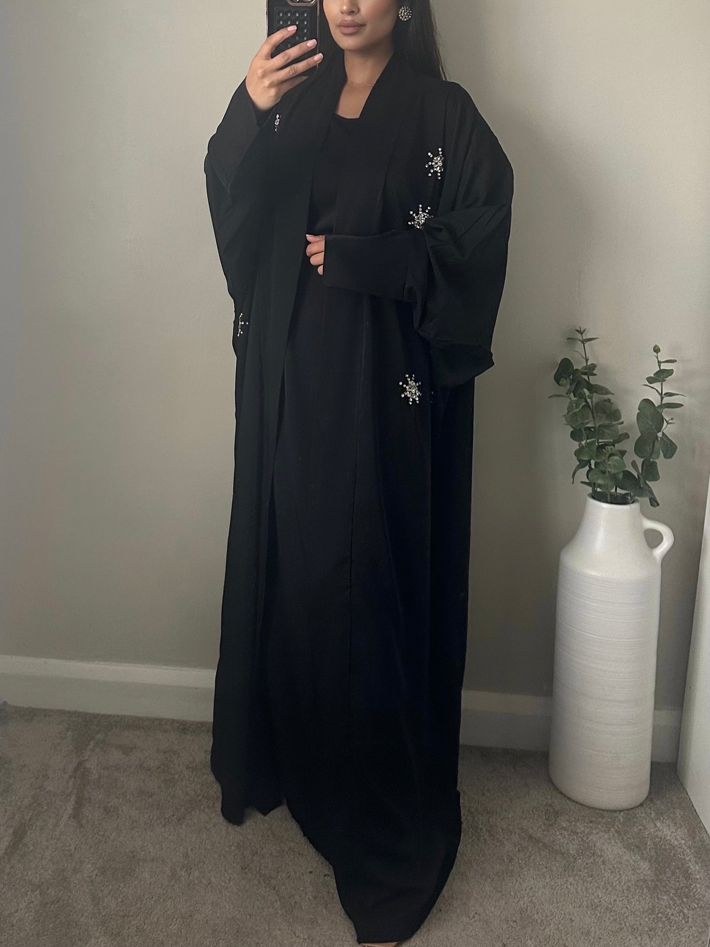 Black Rhinestone Detail Batwing Abaya Set