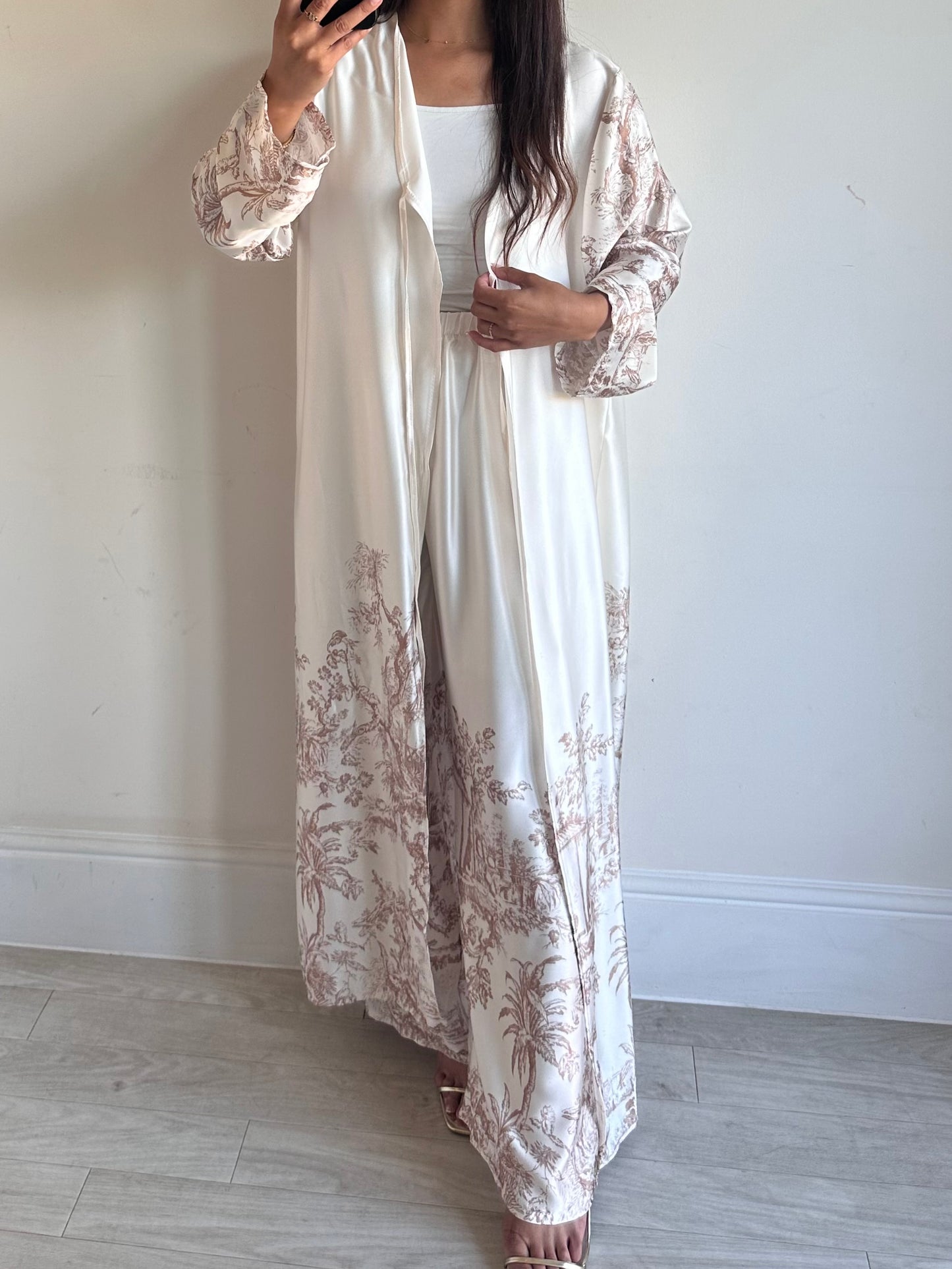 Brown Printed Satin Kimono Co-ord