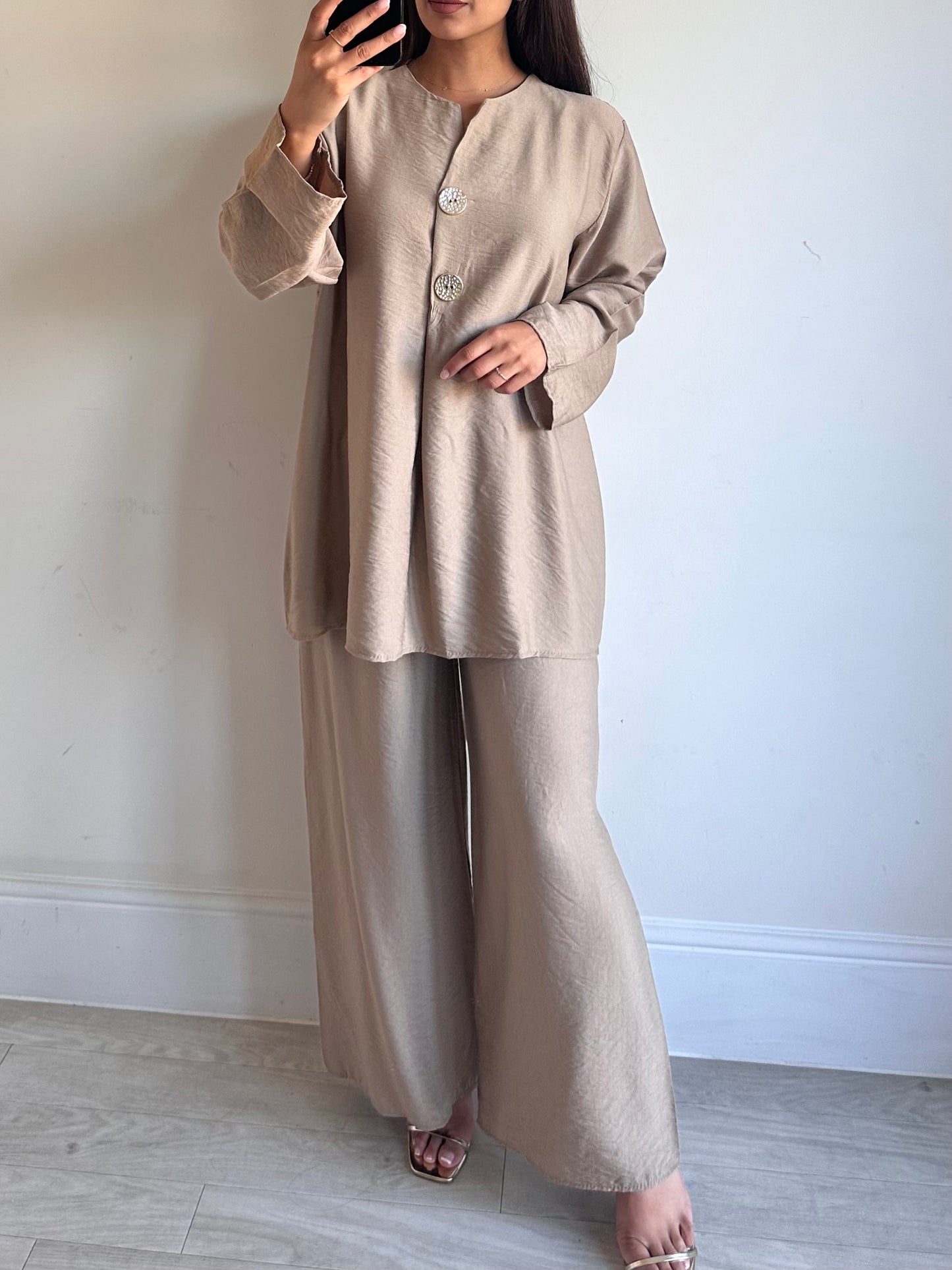 Beige Linen Gold Button Co-ord Set