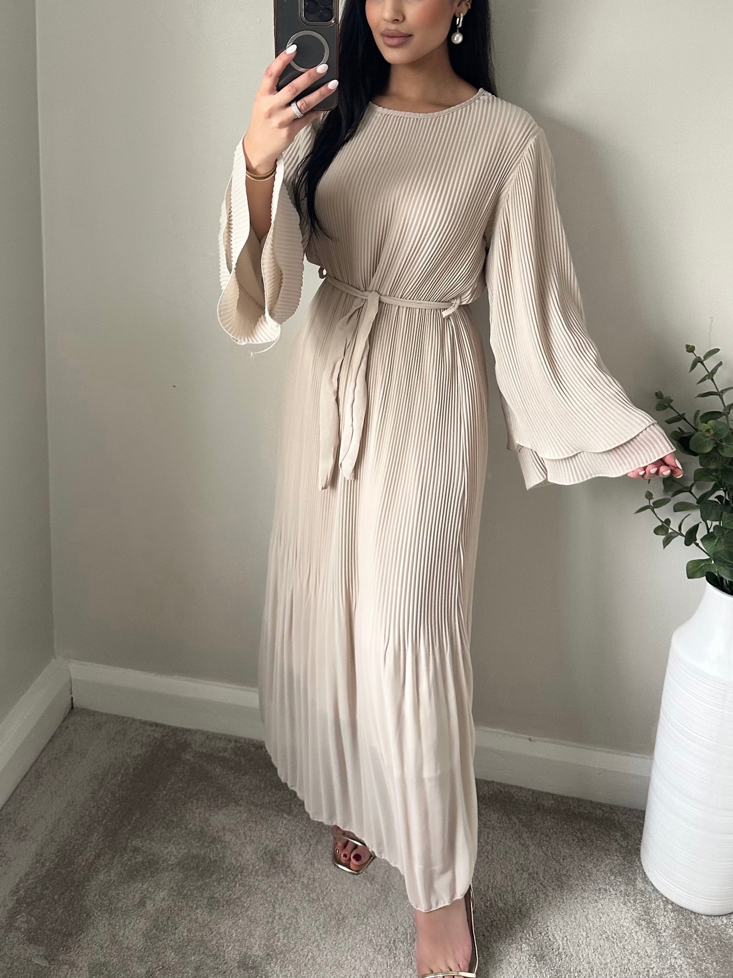 Beige Chiffon Pleated Dress