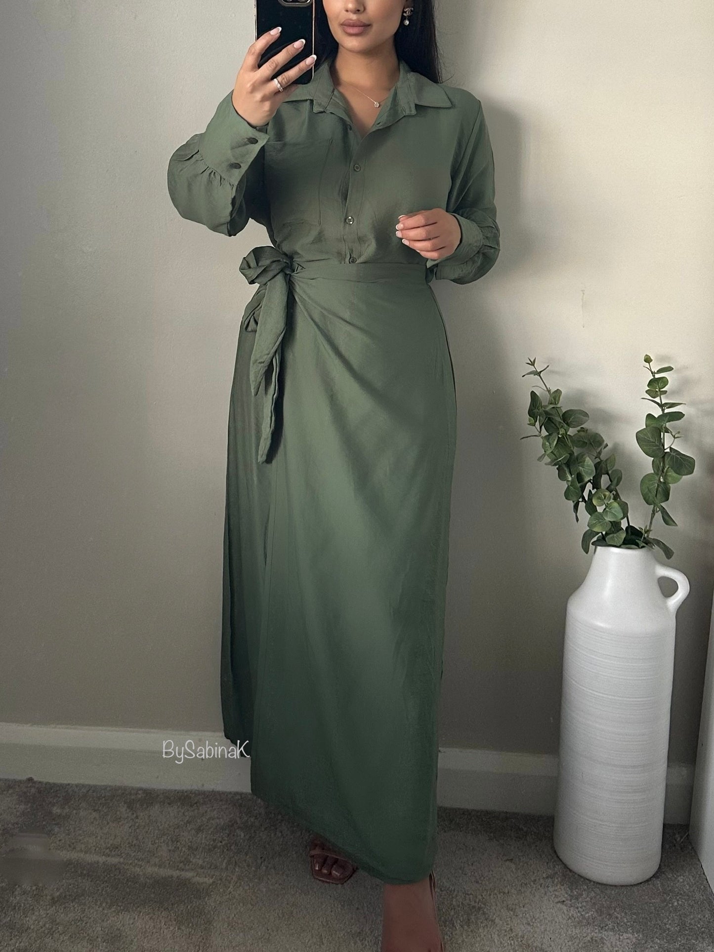 Khaki Green Button Shirt Wrap Skirt Co-ord