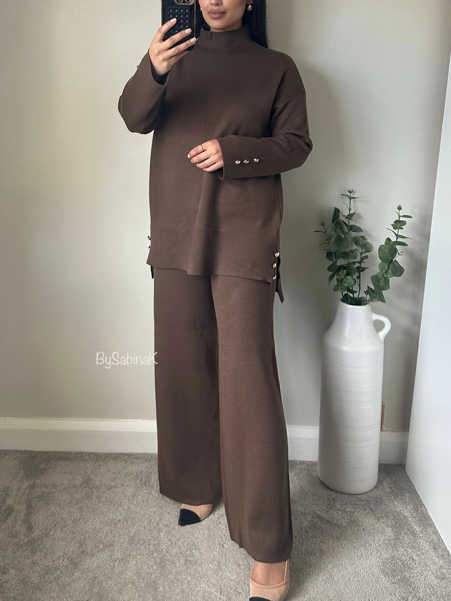 Brown Knit High Neck Gold Button Co-ord