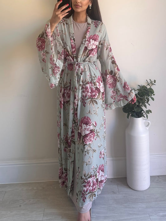 Blue Floral Chiffon Kimono