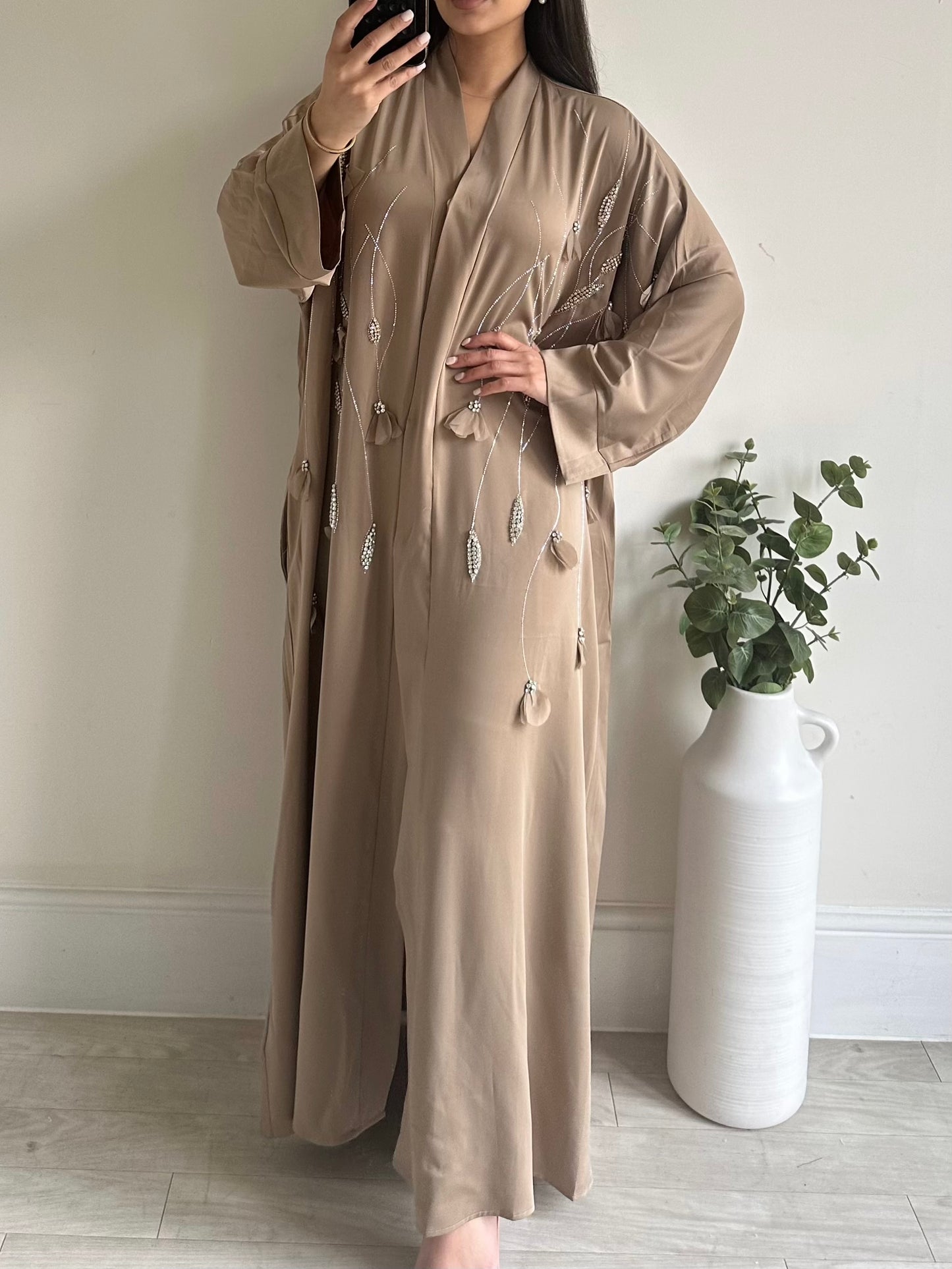 Mocha Flower Drop Embellished Buttoned Abaya