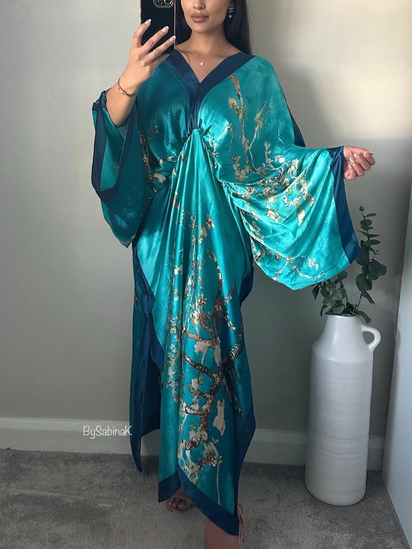 Blue Floral Print Satin Batwing Kaftan