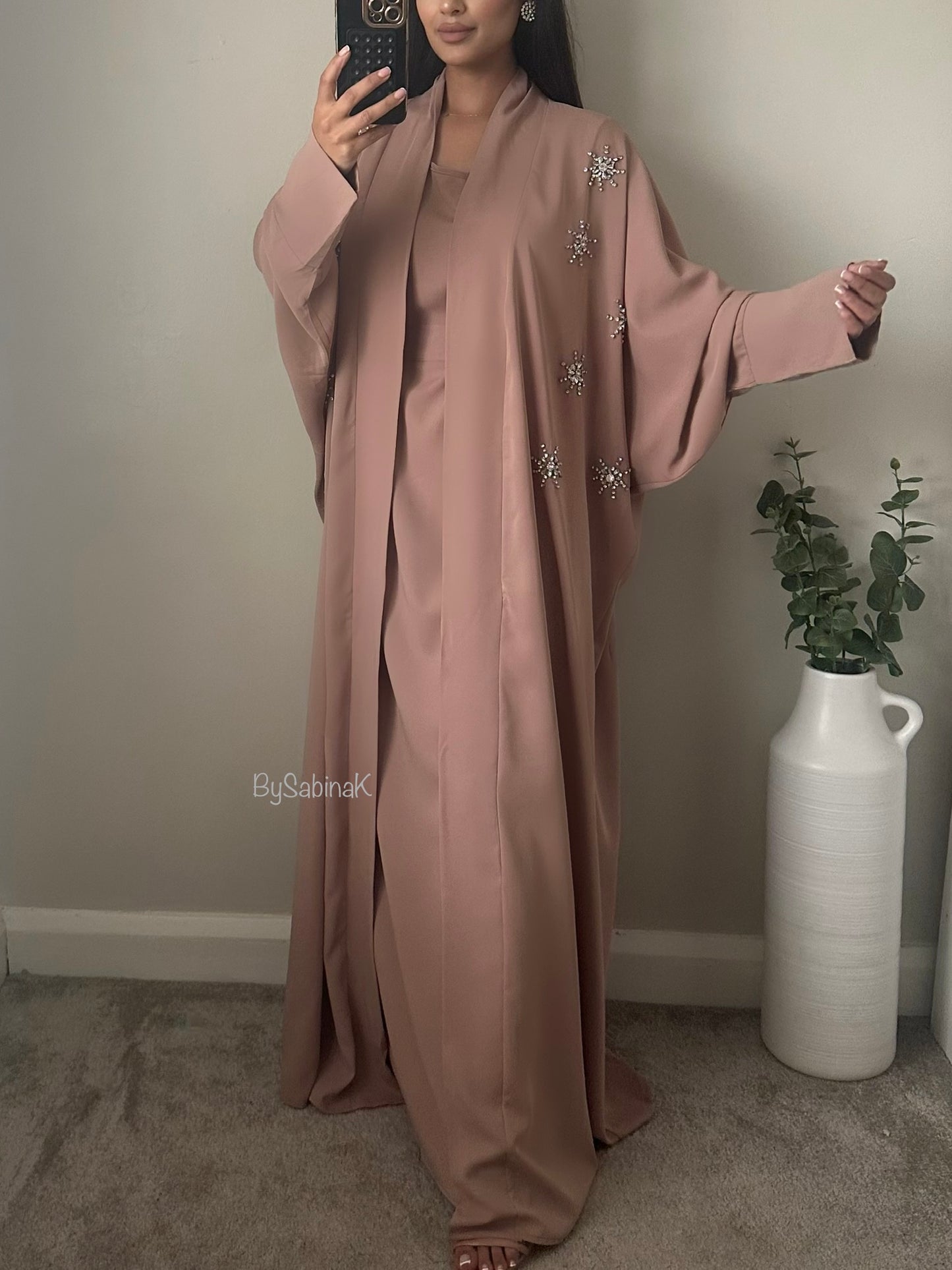 Pink Rhinestone Detail Batwing Abaya Set