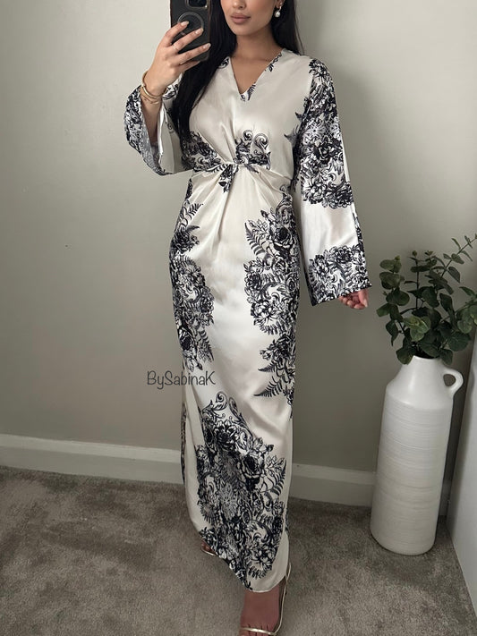 Black White Floral Batwing Satin Dress